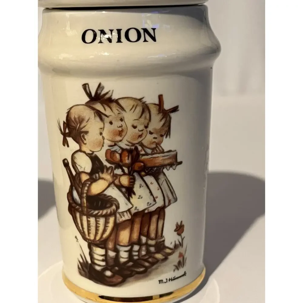 Vintage M.J. Hummel Onion & Garlic Porcelain Spice Jars Gold Trim Set of 2